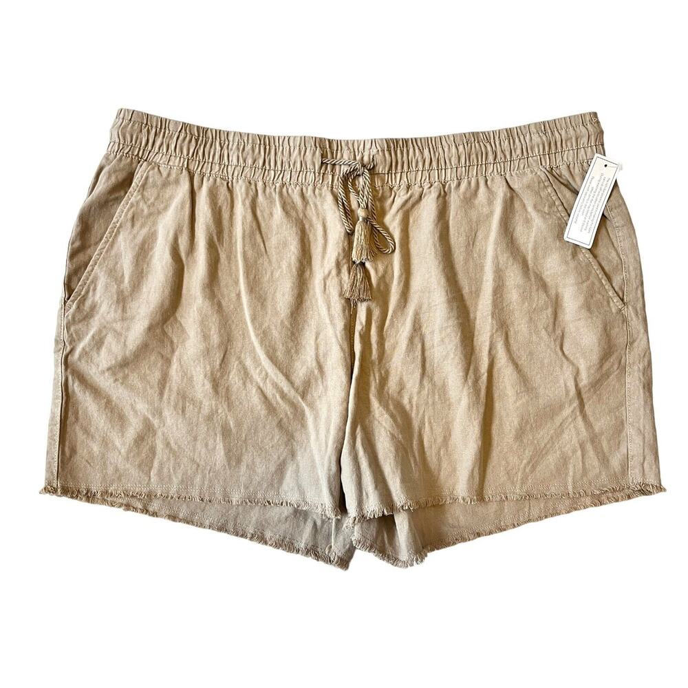 Time and Tru Shorts XXL Brown Linen Blend Elastic Drawstring Waist Side Pockets